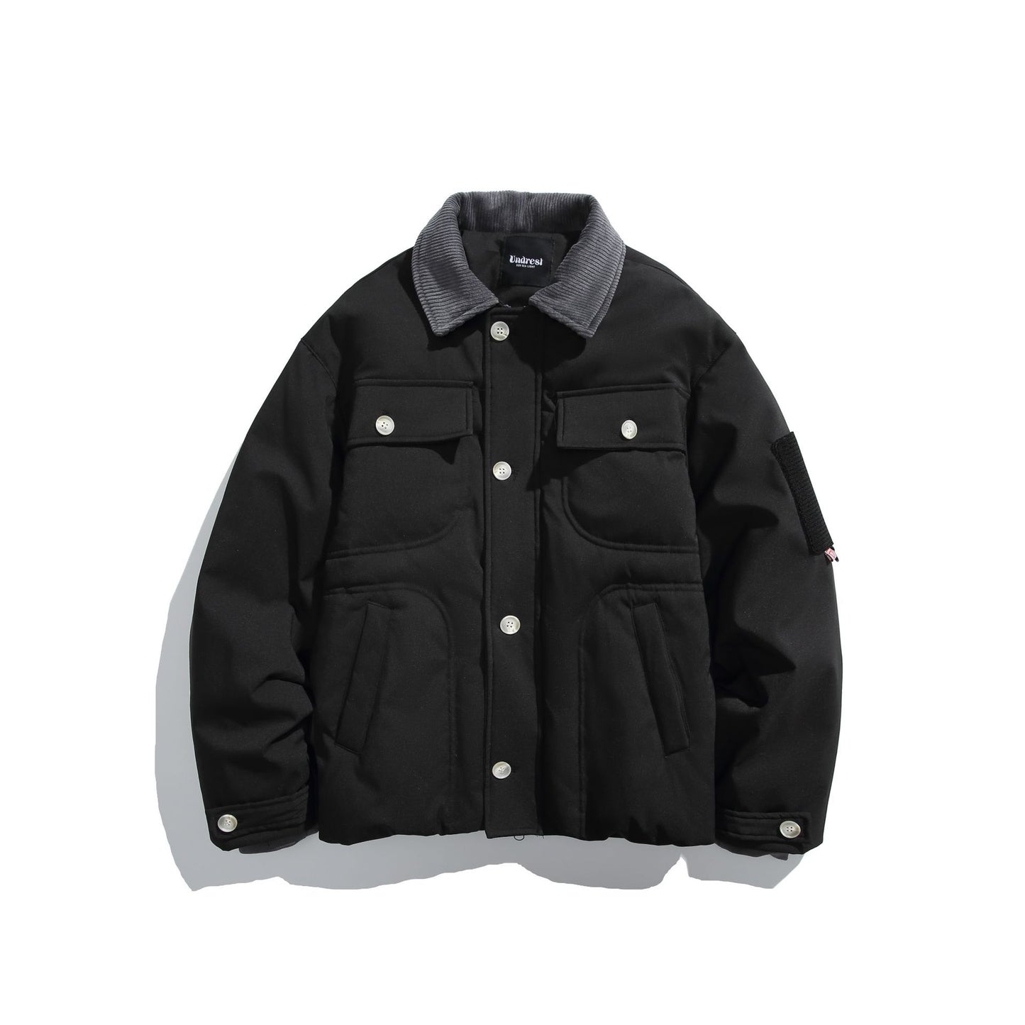 Corduroy Collar Quilted Design Multi-pocket Loose Fit Down Jacket