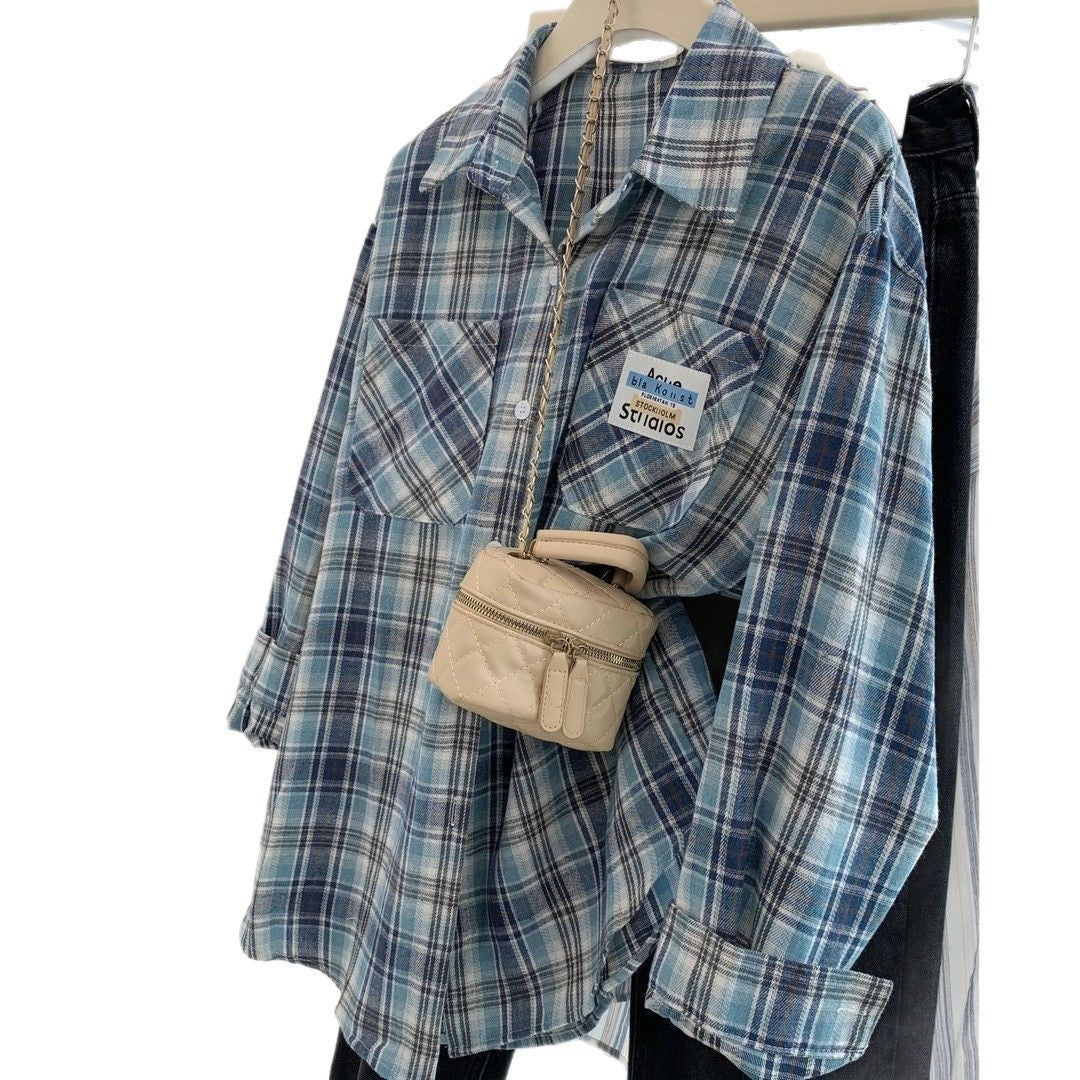 Blue Plaid Shirt for Women Casual Loose Layered Blouse Jacket Top