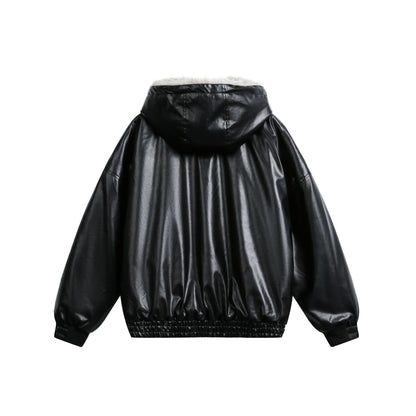 Reversible Hooded Winter Jacket Men's Oversized Parka with Faux Leather and Fur Combo