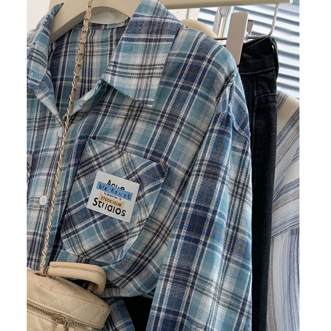 Blue Plaid Shirt for Women Casual Loose Layered Blouse Jacket Top
