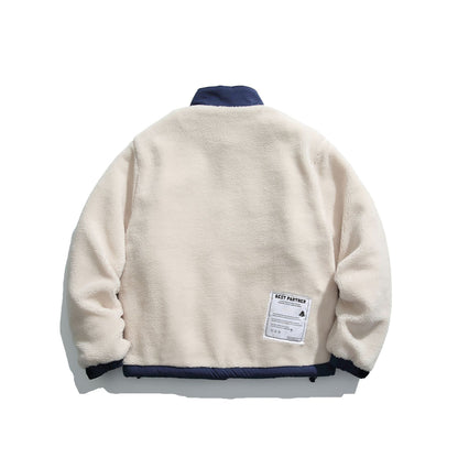 Brand Lamb Wool Patchwork Stand Collar Coat Loose Couple Thick Cotton Coat