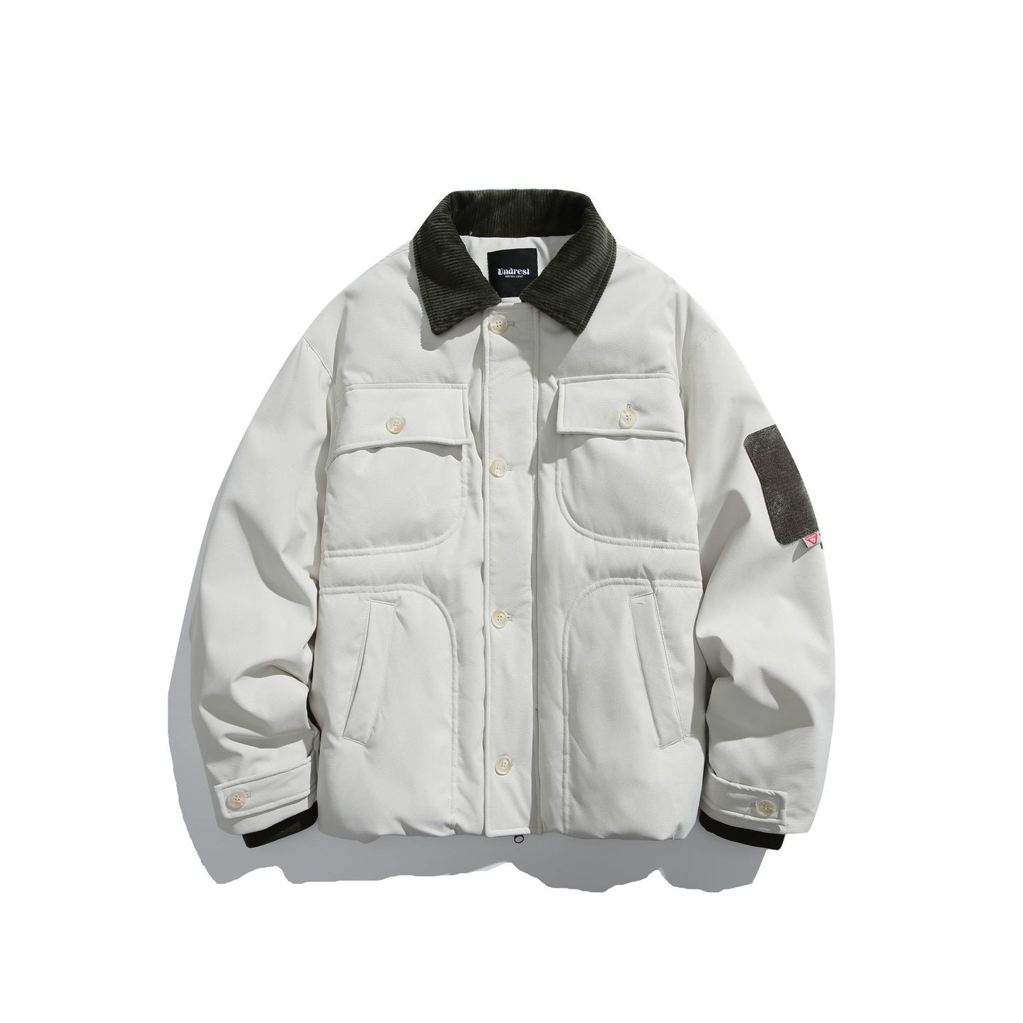 Corduroy Collar Quilted Design Multi-pocket Loose Fit Down Jacket