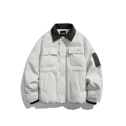 Corduroy Collar Quilted Design Multi-pocket Loose Fit Down Jacket