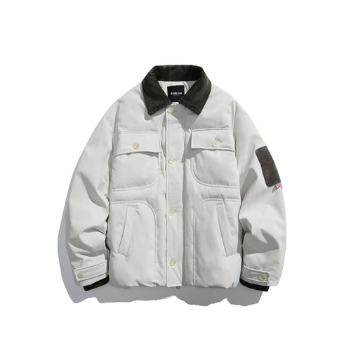 Corduroy Collar Quilted Design Multi-pocket Loose Fit Down Jacket