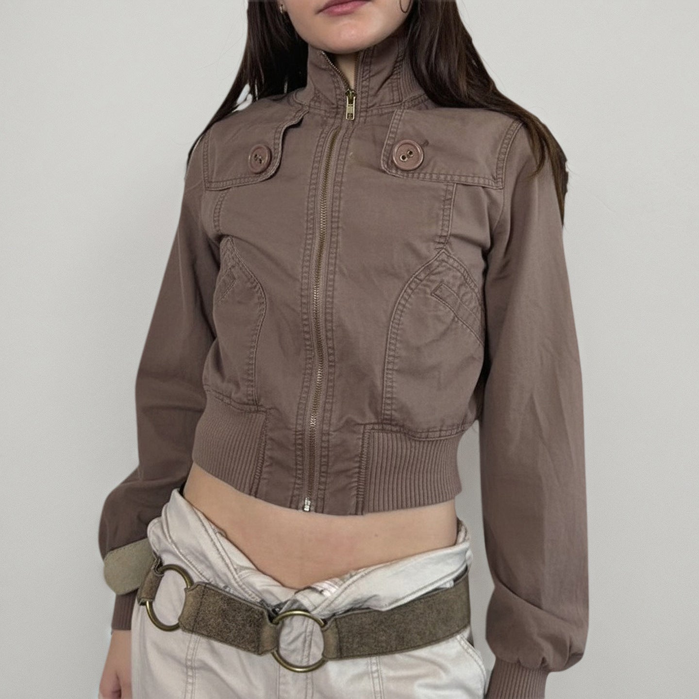 Stand Collar Loose Jacket with Large Button Design Patchwork Waist-Cinching Short Top