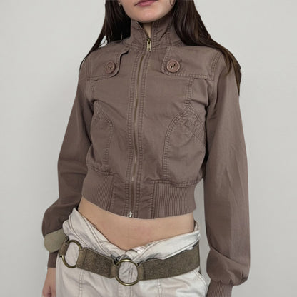 Stand Collar Loose Jacket with Large Button Design Patchwork Waist-Cinching Short Top