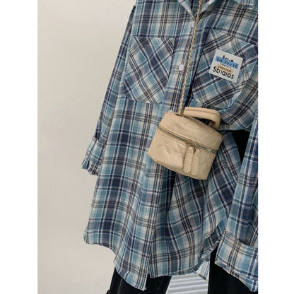 Blue Plaid Shirt for Women Casual Loose Layered Blouse Jacket Top