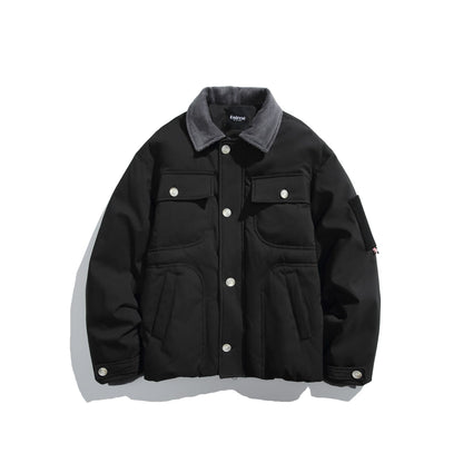 Corduroy Collar Quilted Design Multi-pocket Loose Fit Down Jacket