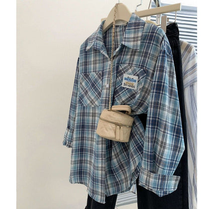 Blue Plaid Shirt for Women Casual Loose Layered Blouse Jacket Top