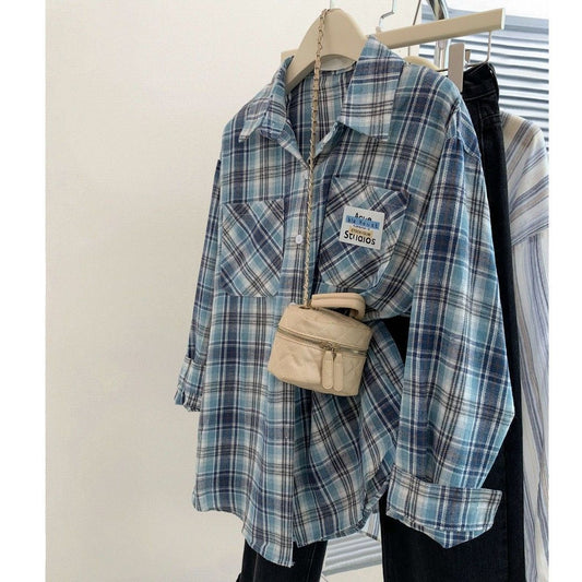Blue Plaid Shirt for Women Casual Loose Layered Blouse Jacket Top
