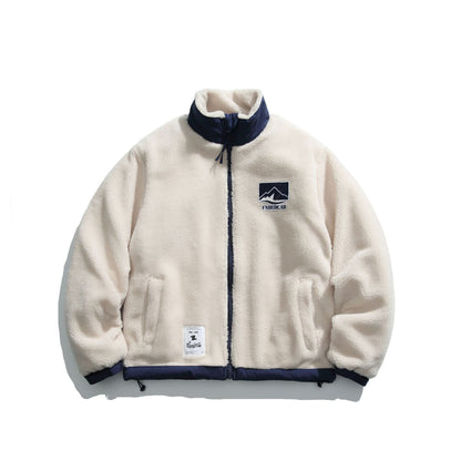 Brand Lamb Wool Patchwork Stand Collar Coat Loose Couple Thick Cotton Coat