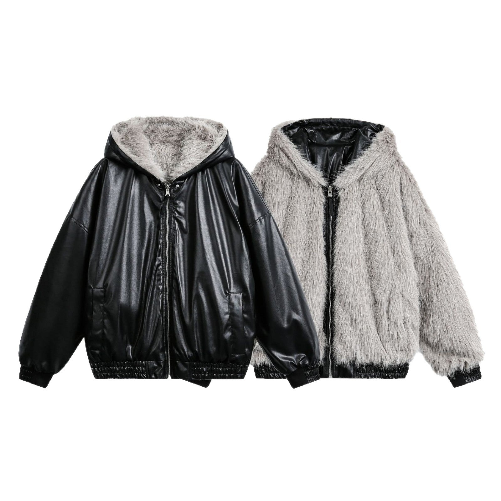 Reversible Hooded Winter Jacket Men's Oversized Parka with Faux Leather and Fur Combo
