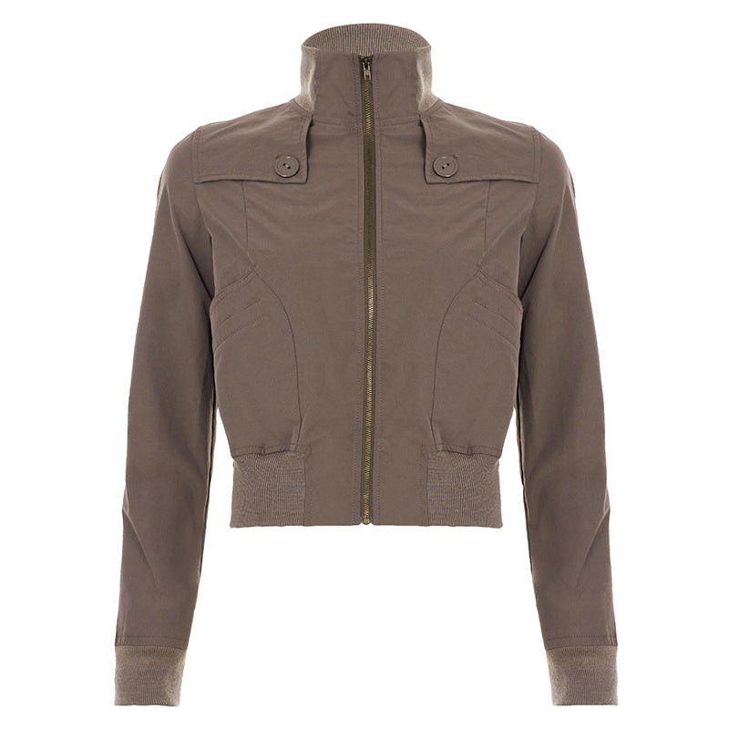 Stand Collar Loose Jacket with Large Button Design Patchwork Waist-Cinching Short Top