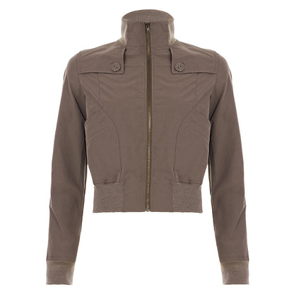 Stand Collar Loose Jacket with Large Button Design Patchwork Waist-Cinching Short Top