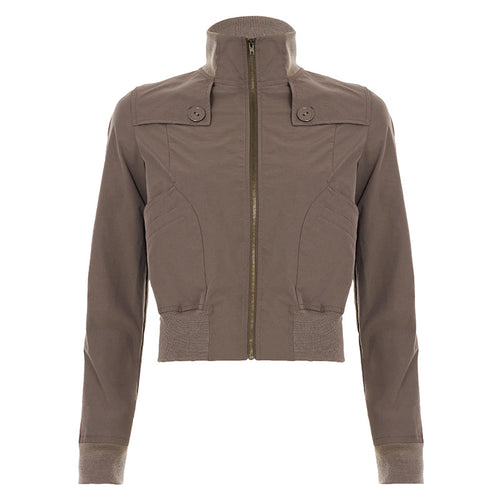 Stand Collar Loose Jacket with Large Button Design Patchwork Waist-Cinching Short Top