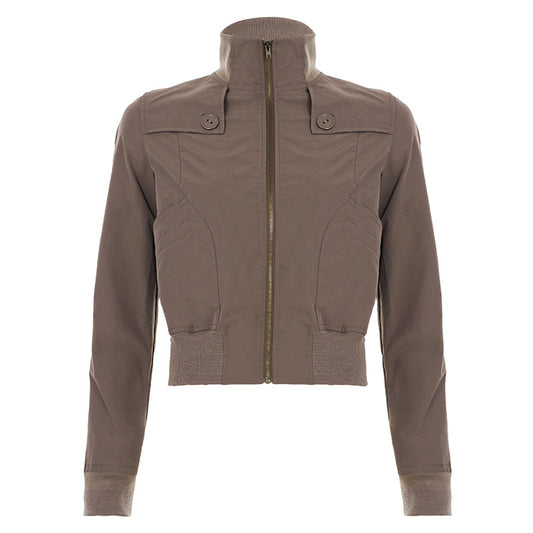 Stand Collar Loose Jacket with Large Button Design Patchwork Waist-Cinching Short Top