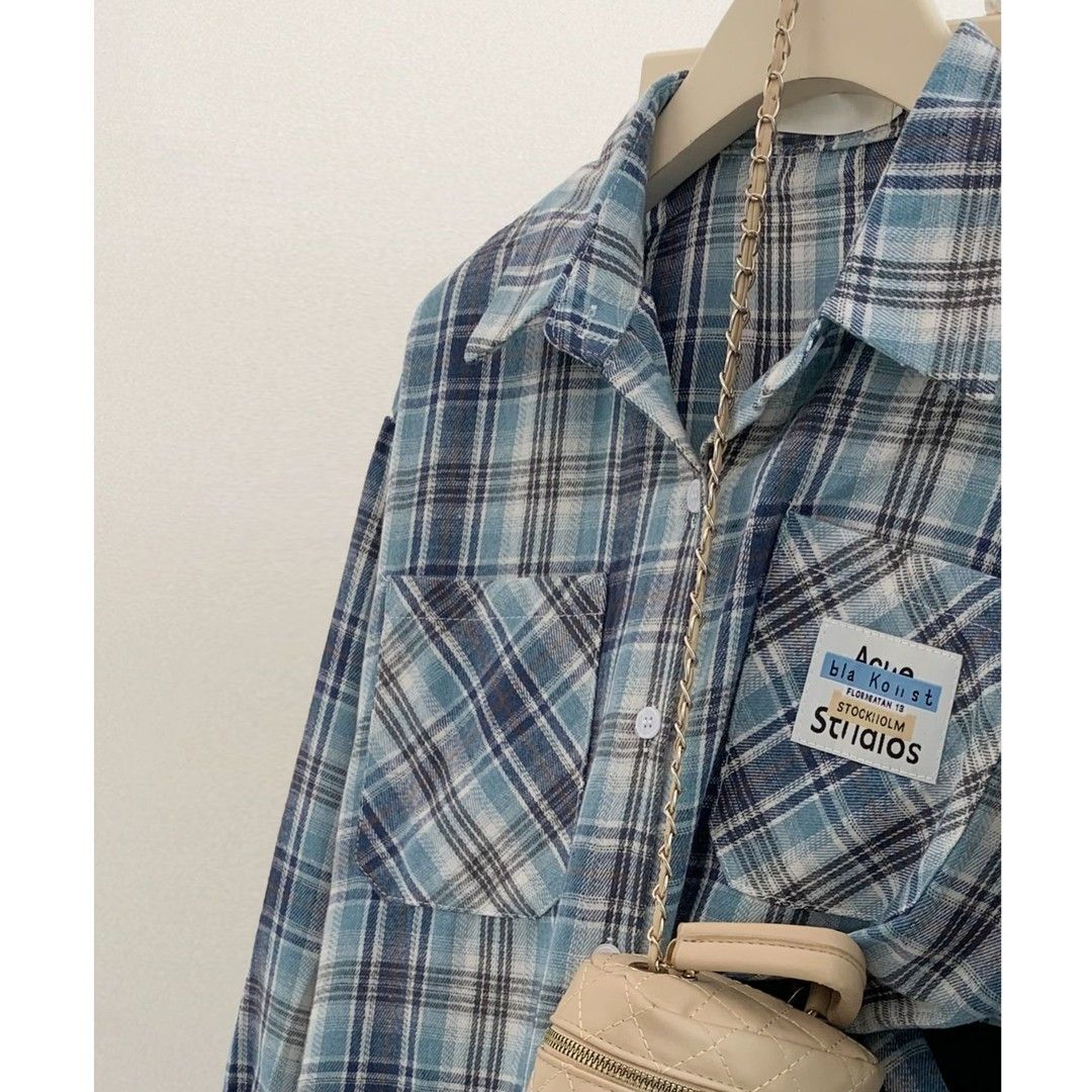Blue Plaid Shirt for Women Casual Loose Layered Blouse Jacket Top