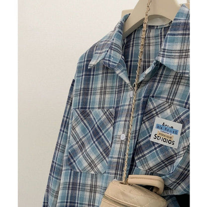 Blue Plaid Shirt for Women Casual Loose Layered Blouse Jacket Top