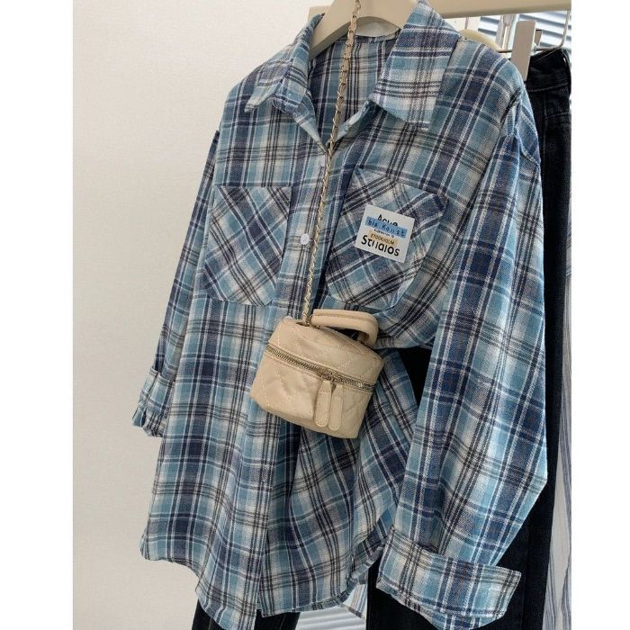 Blue Plaid Shirt for Women Casual Loose Layered Blouse Jacket Top