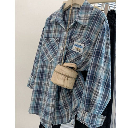 Blue Plaid Shirt for Women Casual Loose Layered Blouse Jacket Top