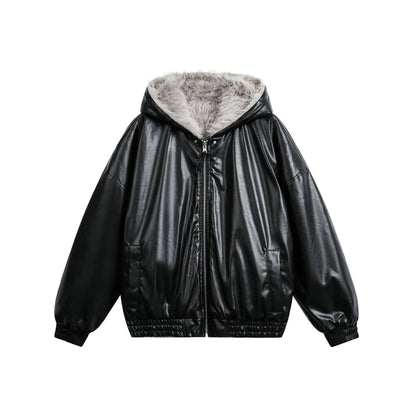 Reversible Hooded Winter Jacket Men's Oversized Parka with Faux Leather and Fur Combo