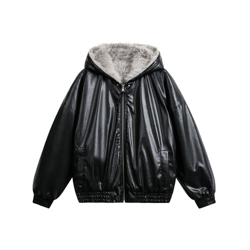 Reversible Hooded Winter Jacket Men's Oversized Parka with Faux Leather and Fur Combo
