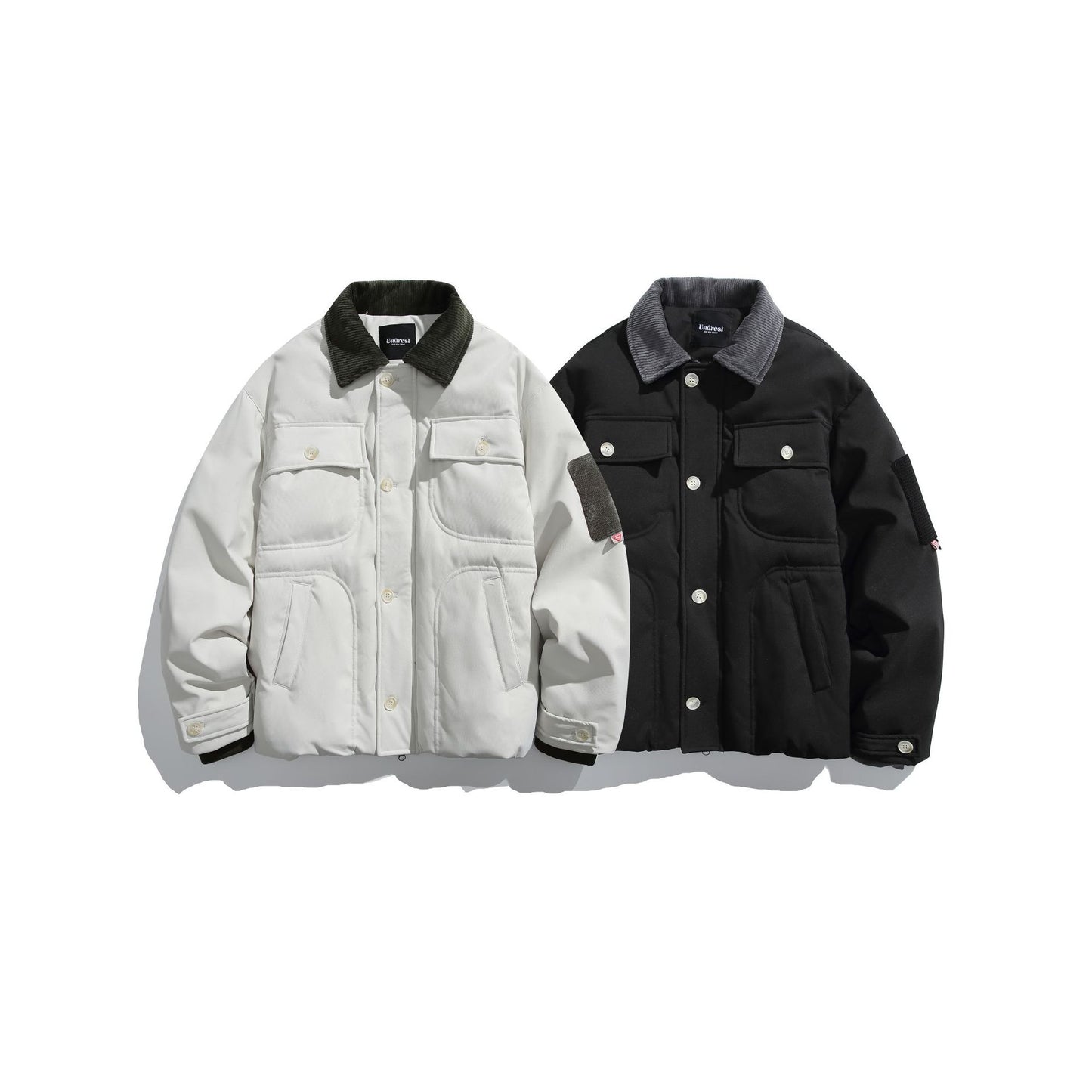 Corduroy Collar Quilted Design Multi-pocket Loose Fit Down Jacket