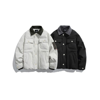 Corduroy Collar Quilted Design Multi-pocket Loose Fit Down Jacket