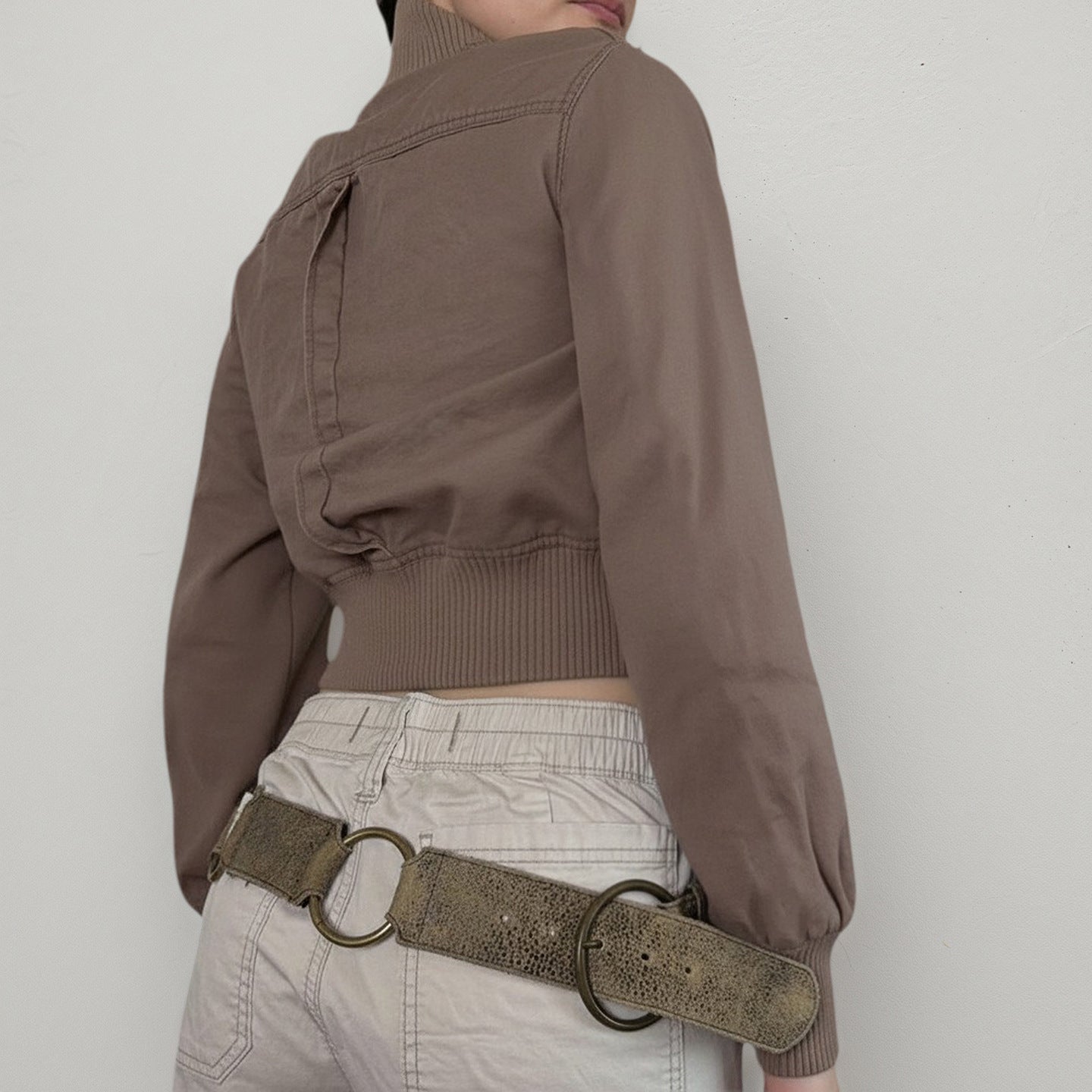 Stand Collar Loose Jacket with Large Button Design Patchwork Waist-Cinching Short Top