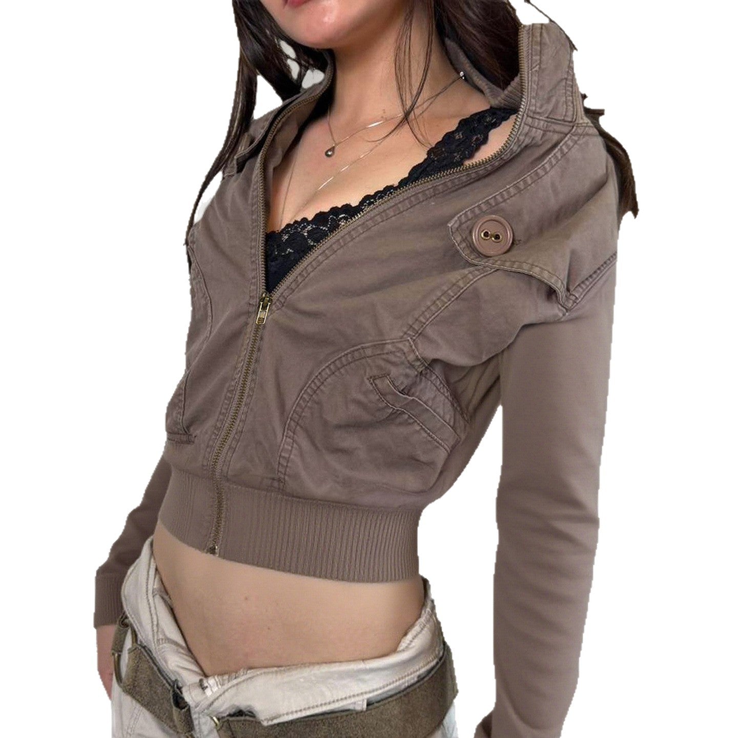 Stand Collar Loose Jacket with Large Button Design Patchwork Waist-Cinching Short Top