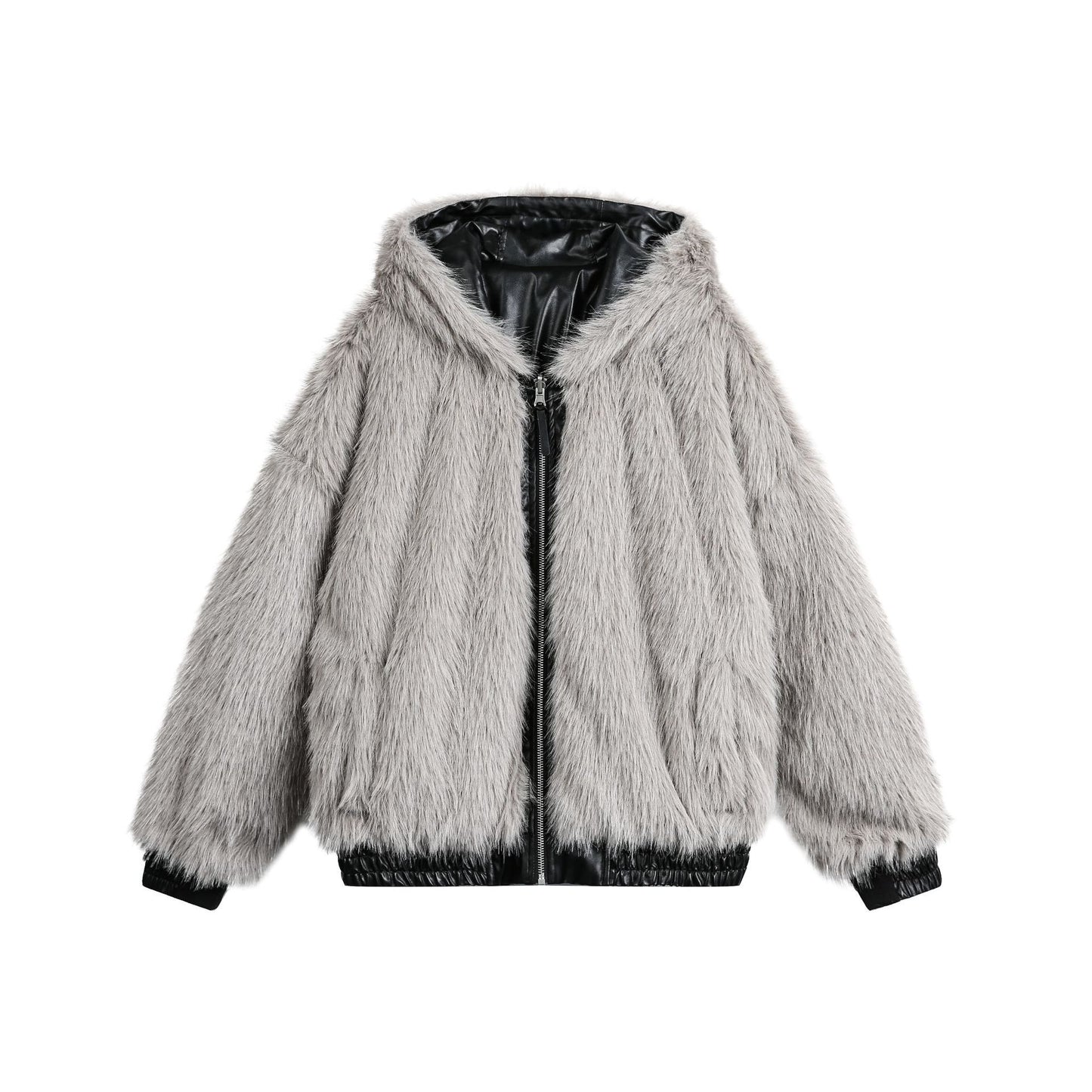 Reversible Hooded Winter Jacket Men's Oversized Parka with Faux Leather and Fur Combo
